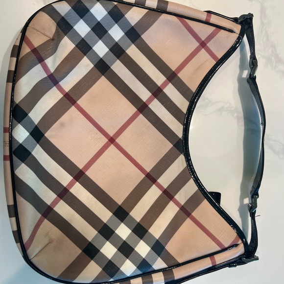 Burberry, black patent handle and trim. 16” wide, 12” tall. - Picture 3 of 6